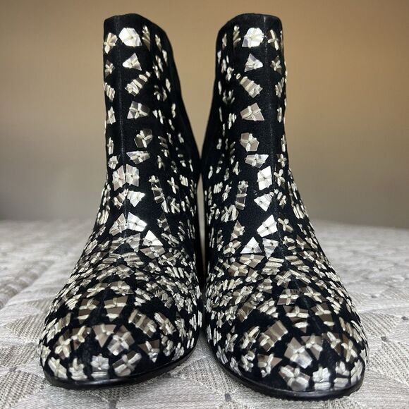 Bywin Black Suede Block Heel Ankle Booties Mirror Like Accents Women US 6.5  Zip - Picture 10 of 16